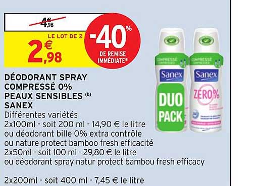déodorant spray compressé 0% peaux sensibles sanex -40% remise immédiate