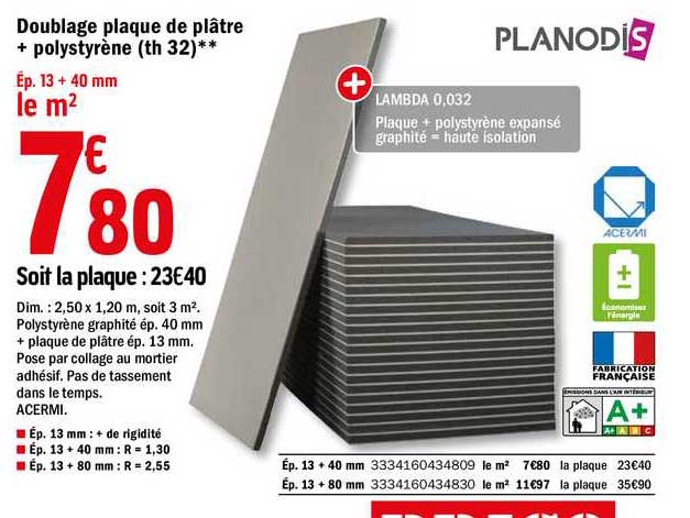 doublage plaque de plâtre + polystyrène (th 32) planodis