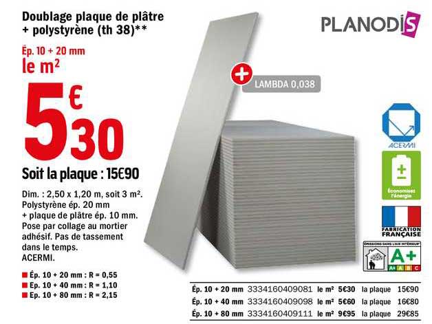 doublage plaque de plâtre +polystyrène (th 38) planodis