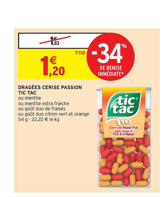 dragées cerise passion tic tac -34% remise immédiate