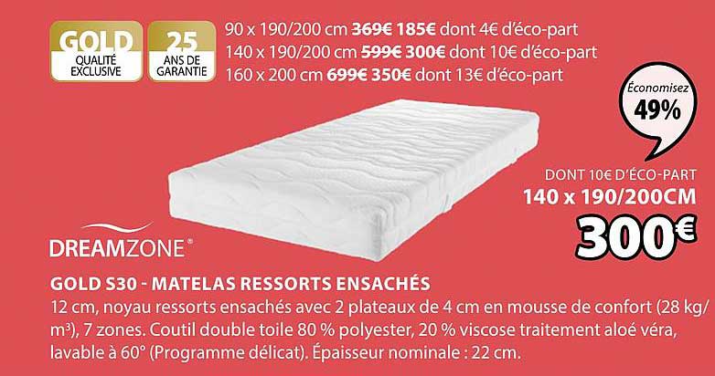 dreamzone gold s30  matelas ressorts ensachés