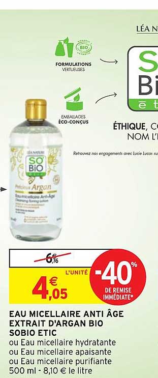 eau micellaire anti âge extrait d'argan bio sobio etic -40% remise immédiate