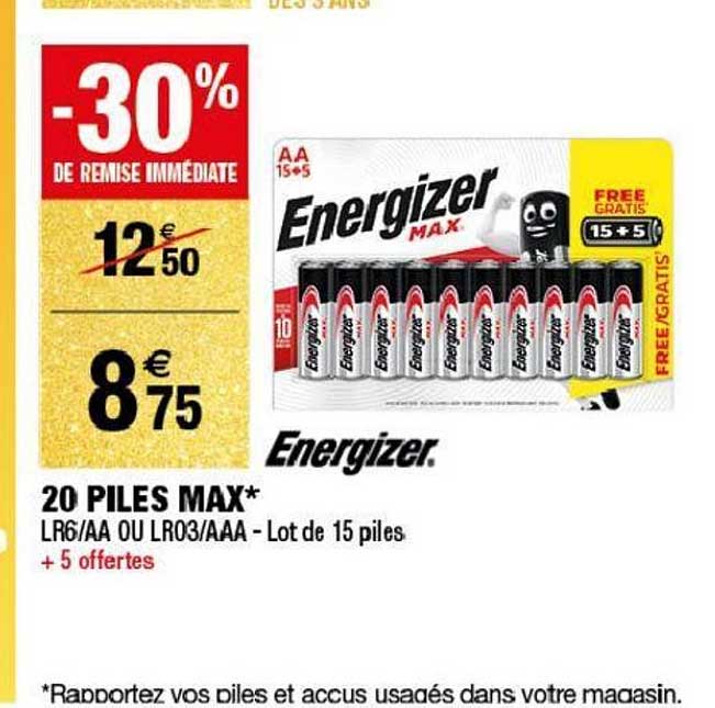 Energizer 20 Piles Max -30% Remise Immédiate
