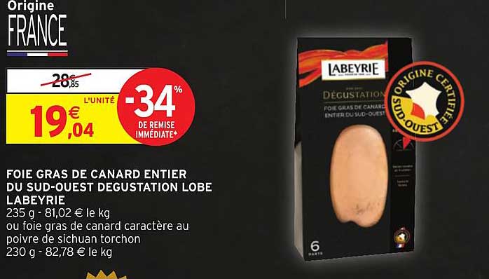 foie gras de canard entier du sud ouest degustation lobe labeyrie -34% remise immédiate