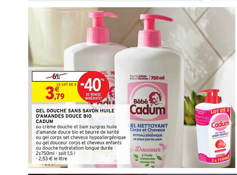gel douche sans savon huile d'amandes douce bio cadum -40% remise immédiate