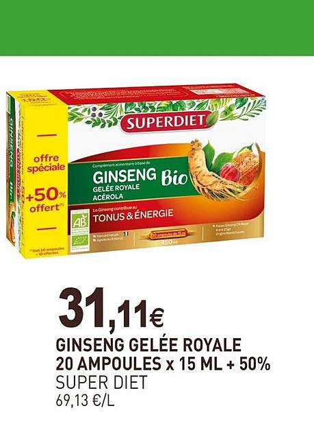 ginseng gelée royale 20 ampoules x 15 m + 50% super diet