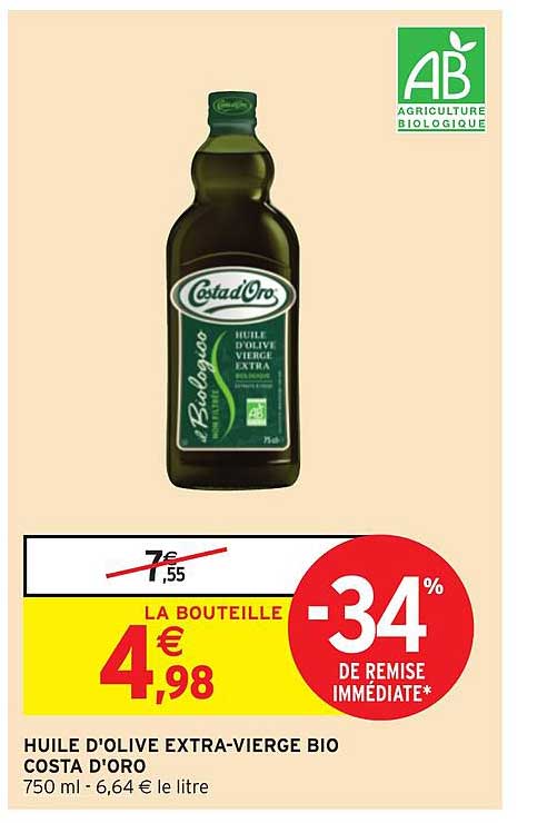 huile d'olive extra vierge bio costa d'oro -34% remise immédiate