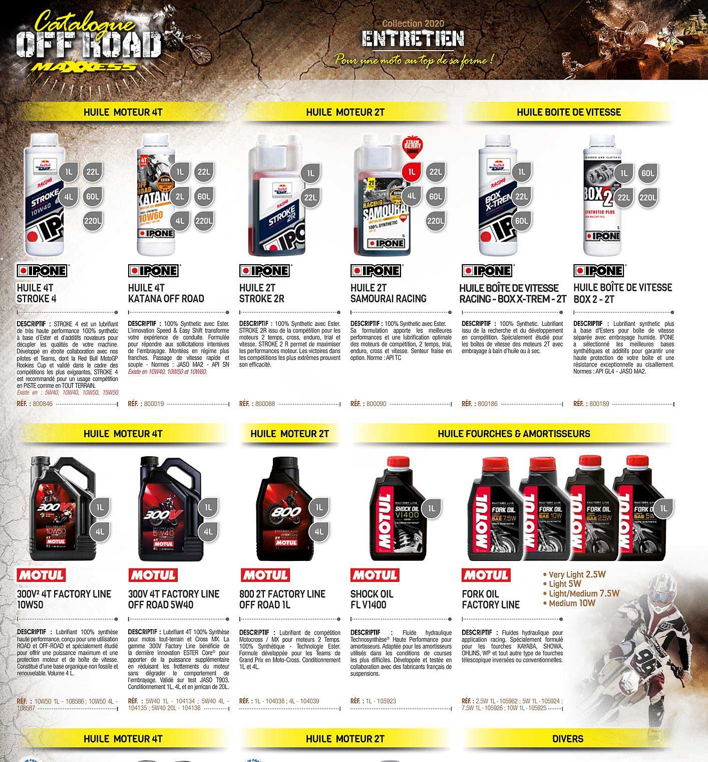 huile moteur, huile boîte de vitesse, huile fourches & amortisseurs