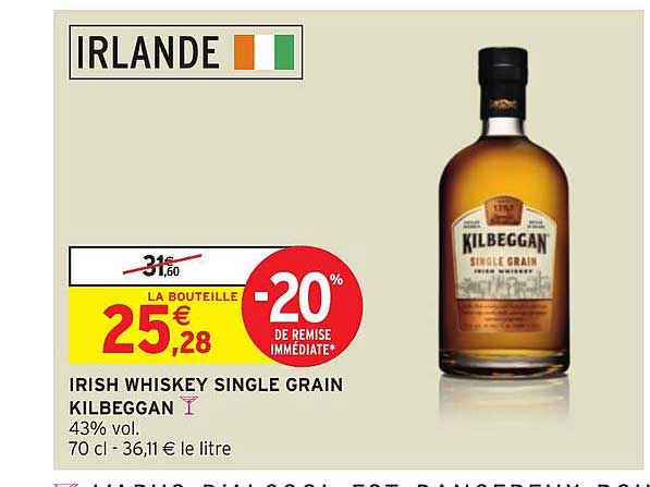 irish whiskey single grain kilbeggan 20% remise immédiate