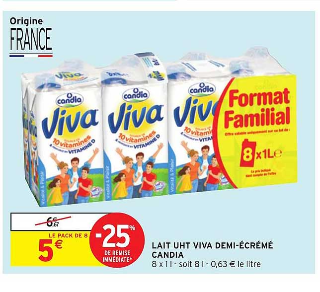 Lait Uht Viva Demi écrémé Candia -25% Remise Immédiate