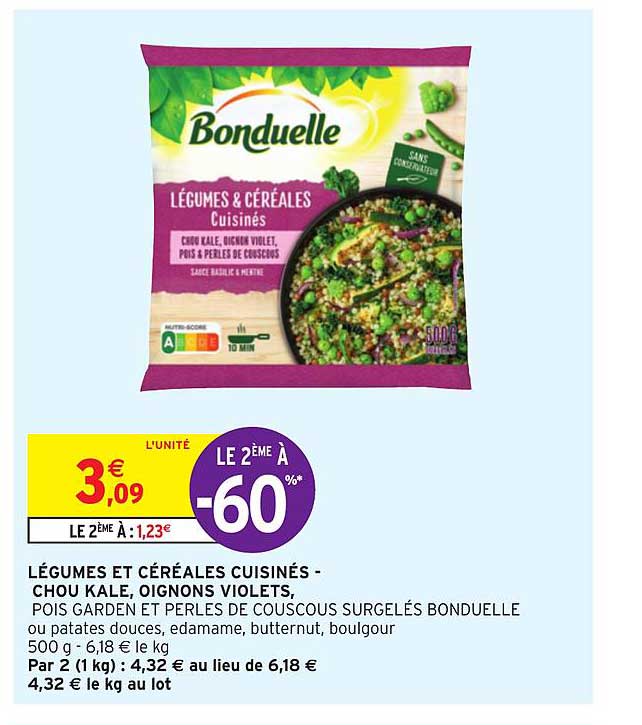 légumes et céréales cuisinés chou kale oignons violets le 2ème à -60%