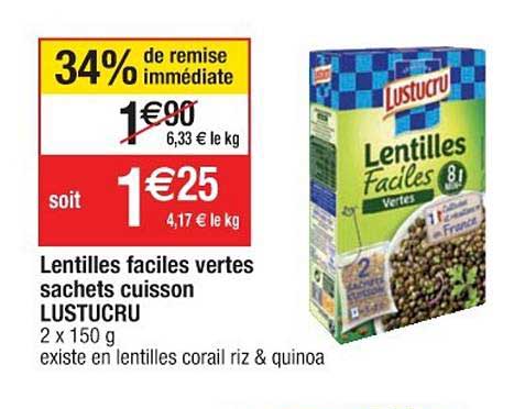lentille faciles vertes sachets cuisson lustucru 34% remise immédiate