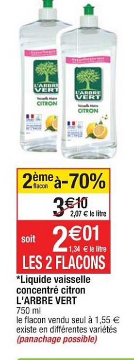 liquide vaisselle concentré citron l'arbre vert le 2ème flacon à -70%