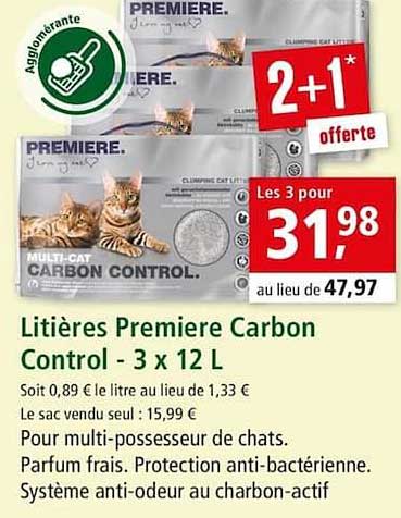 litières premiere carbon control 3 x 12 l 2+1 offerte