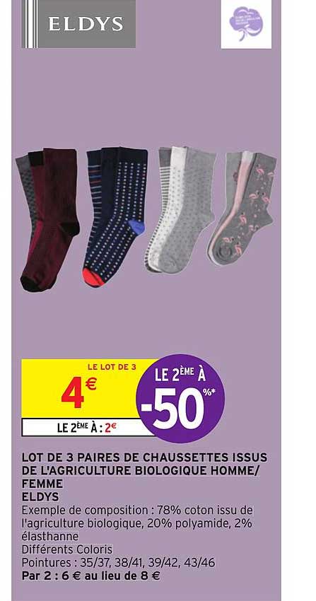 lot de 3 paires de chaussettes issus de l'agriculture biologique homme femme eldys le 2ème à -50%