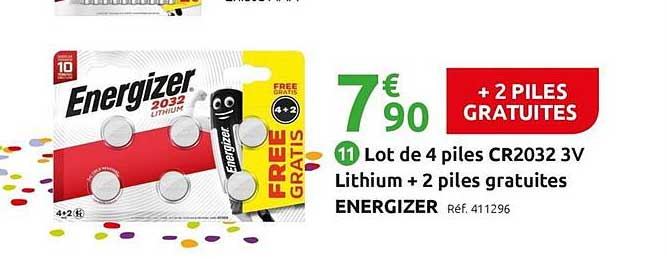 lot de 4 piles cr2032 3v lithium + 2 piles gratuites energizer
