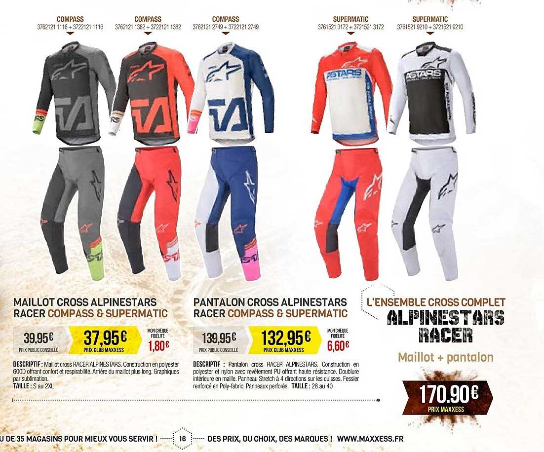 maillot cross alpinestars racer compass & supermatic, pantalon cross alpinestars racer compass & supermatic, l'ensemble cross complet alpinestars racer