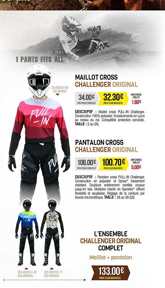 maillot cross challenger original, pantalon cross challenger original, l'ensemble challenger original complet maillot + pantalon