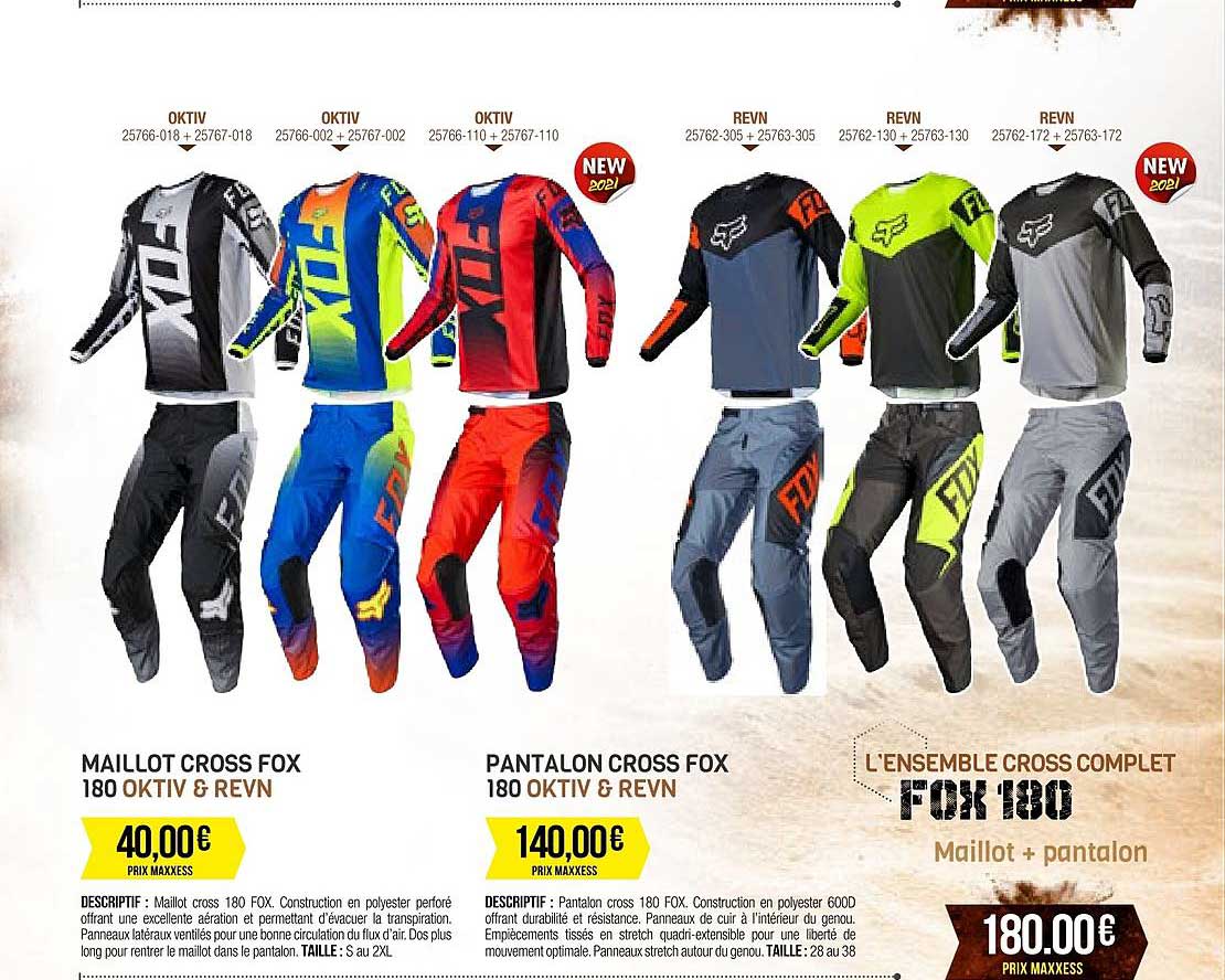 maillot cross fox 180 oktiv & revn, pantalon cross fox 180 oktiv & revn, l'ensemble cross complet fox 180