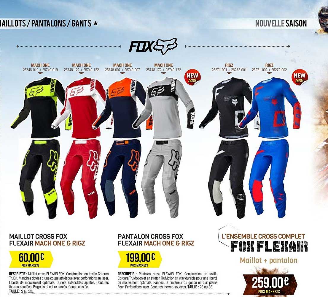 maillot cross fox flexair mach on & rigs, pantalon cross fox flexair mach one & rigs, l'ensemble cross complet fox flexair