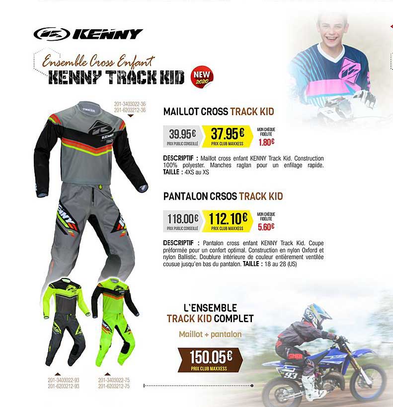 maillot cross track kid, pantalon cross track kid, l'ensemble track kid complet