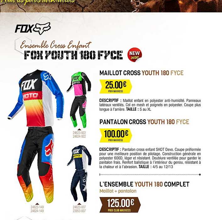 maillot cross youth 180 fyce, pantalon cross youth 180 fyce, l'ensemble youth 180 complet