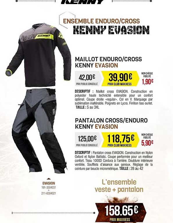 maillot enduro-cross kenny evasion, pantalon cross-enduro kenny evasion