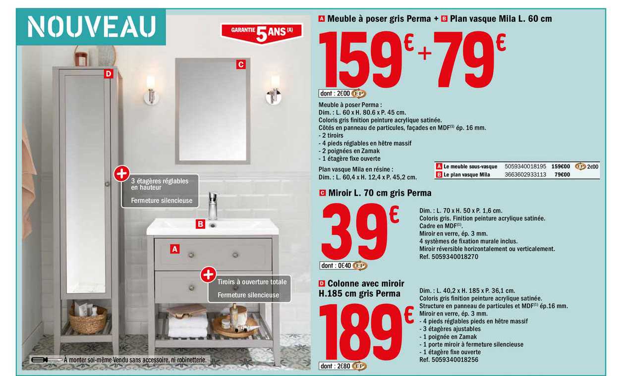 meuble à poser gris perma + plan vasque mila l. 60 cm