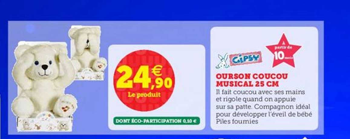ourson coucou muscal 25 cm