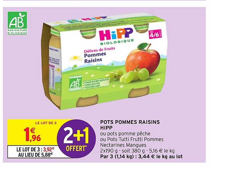pots pommes raisins hipp 2+1 offert