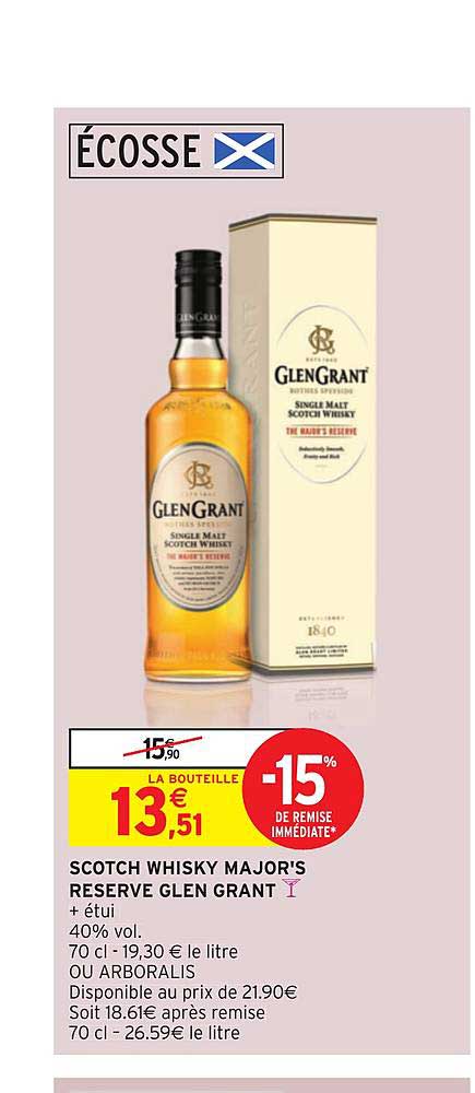 scotch whisky major's reserve glen grant -15% remise immédiate