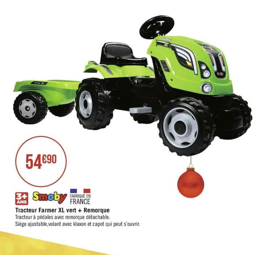 smoby tracteur farmer xl vert + remorque