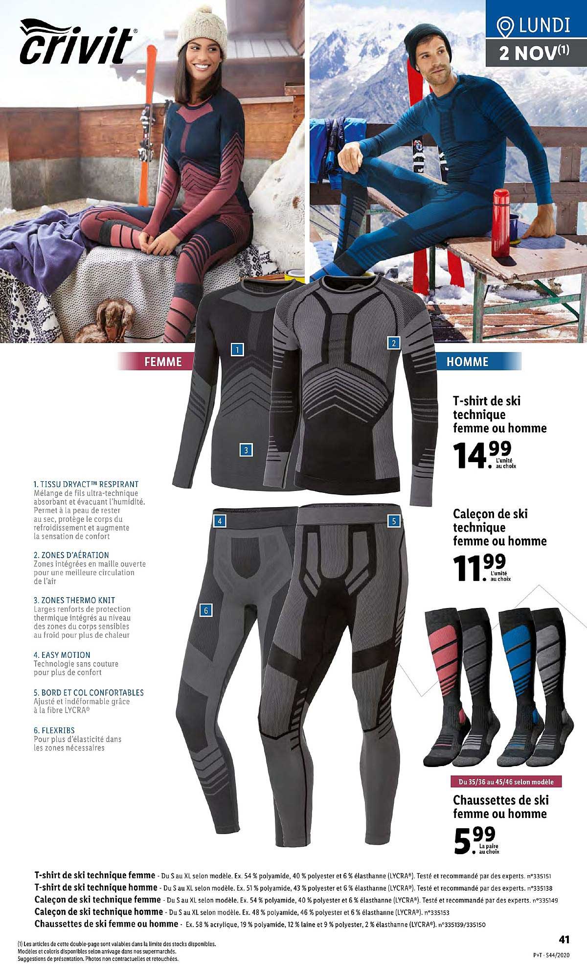 t-shirt de ski technique femme ou homme, caleçon de ski technique femme ou homme, chaussettes de ski femme ou homme