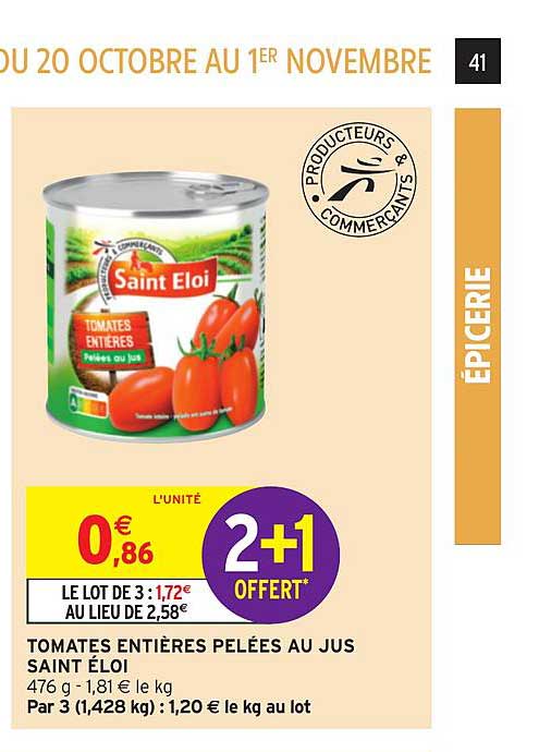tomates entières pelées au jus saint éloi 2+1 offert
