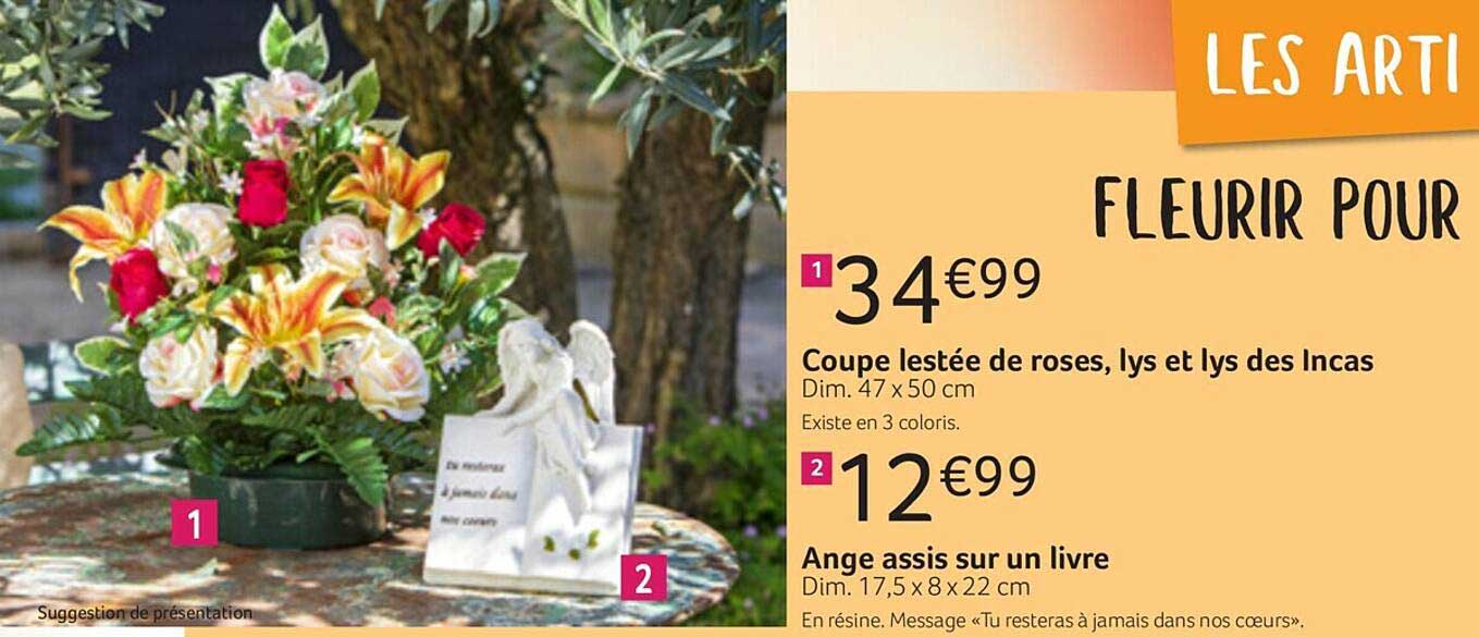 coupe lestée de roses, lys et lys des incas, ange assis sur un livre