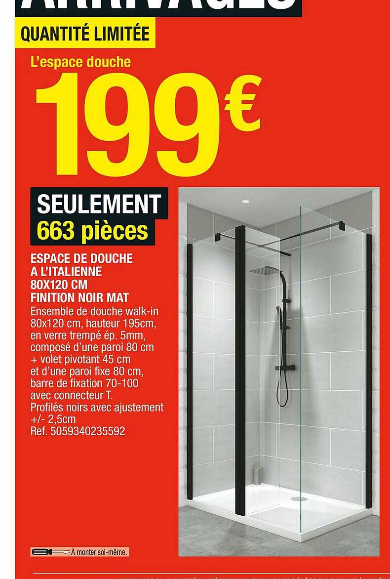 espace de douche à l'italienne 80 x 120 cm finition noir mat