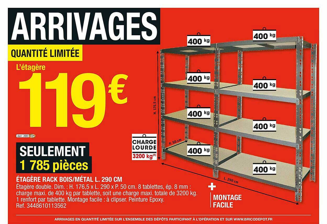 étagère rack bois-métal l. 290 cm