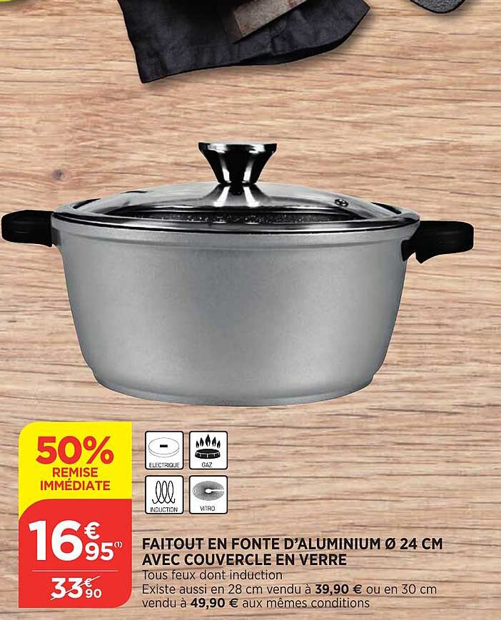 faitout en fonte d'aluminium ø 24 cm avec couvercle en verre