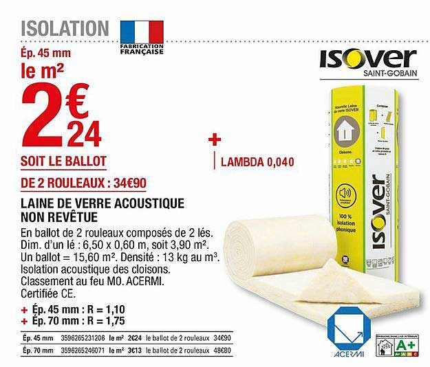 laine de verre acoustique non revêtue isover