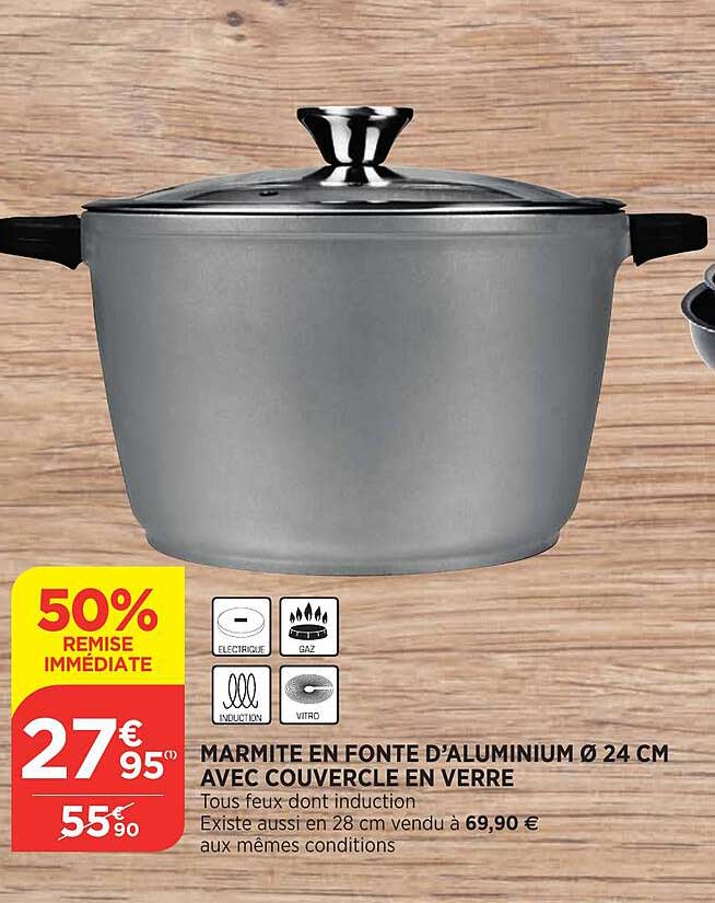marmite en fonte d'aluminium ø 24 cm avec couvercle en verre