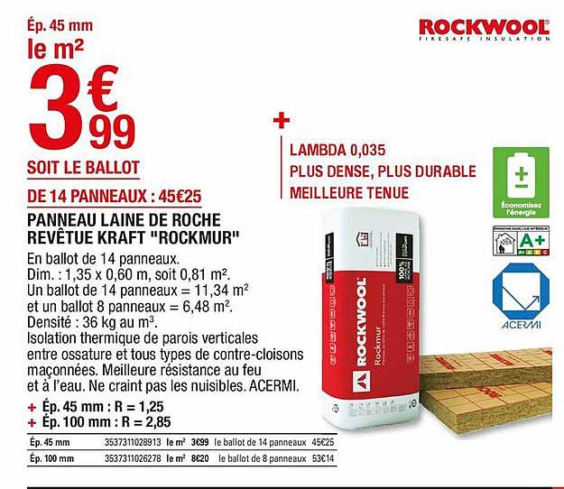 Panneau Laine De Roche Revêtue Kraft "rockmur" Rockwool