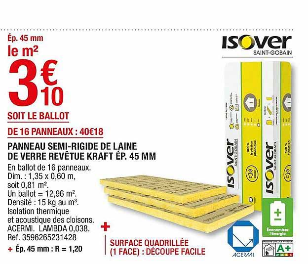 panneau semi-rigide de laine de verre revêtue kraft ép. 45 mm