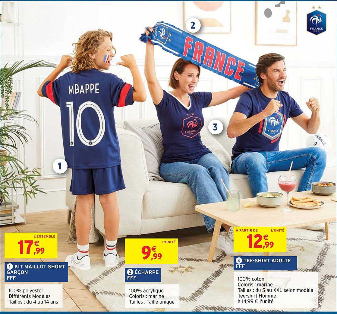 kit maillot short garçon fff, écharpe fff, tee-shirt adulte fff