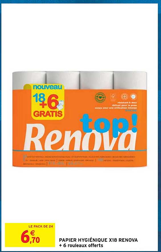 papier hygiénique x18 renova + 6 rouleaux offerts