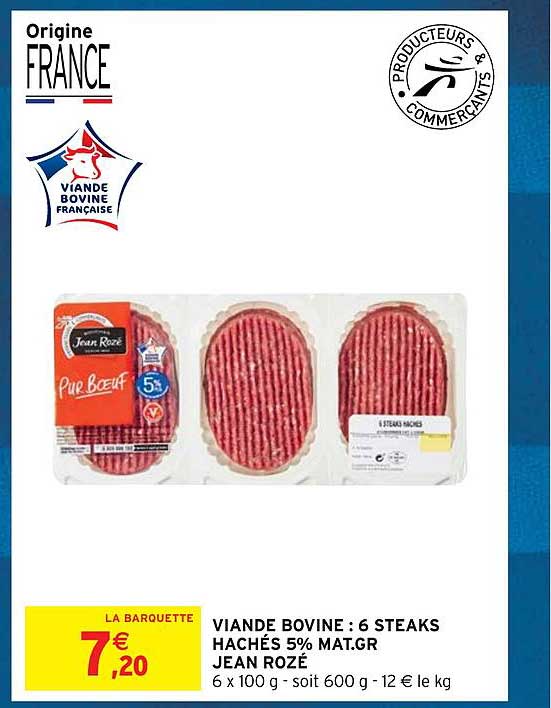 viande bovine : 6 steaks hachés 5% mat.gr. jean rozé