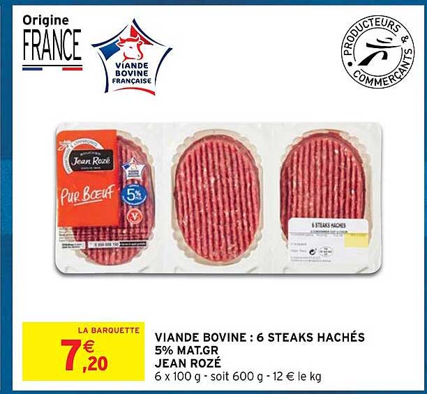 viande bovine : 6 steaks hachés 5% mat.gr. jean rozé