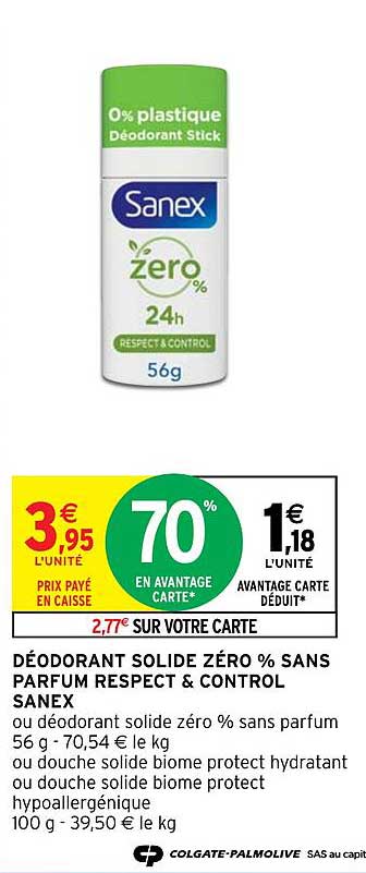 déodorant solide zéro % sans parfum respect & control sanex