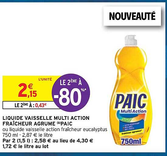 liquide vaisselle multi action fraîcheur agrume paic