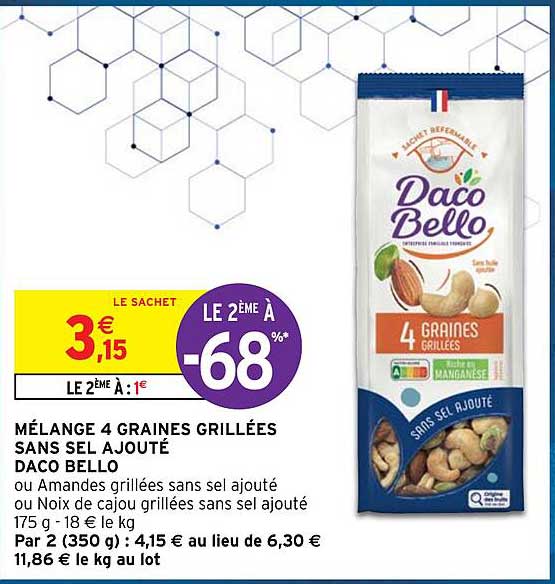 mélange 4 graines grillées sans sel ajouté daco bello