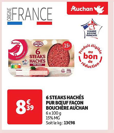 6 steaks hachés pur bœuf façon bouchère auchan
